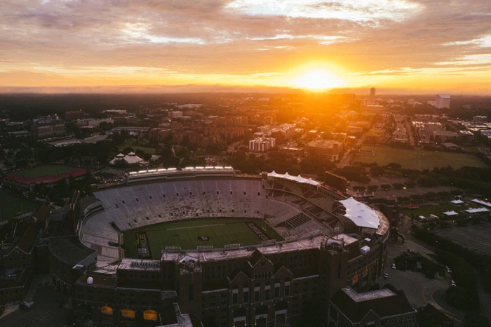 Aerial view of Doak Campbell Stadium and Florida State University at sunrise