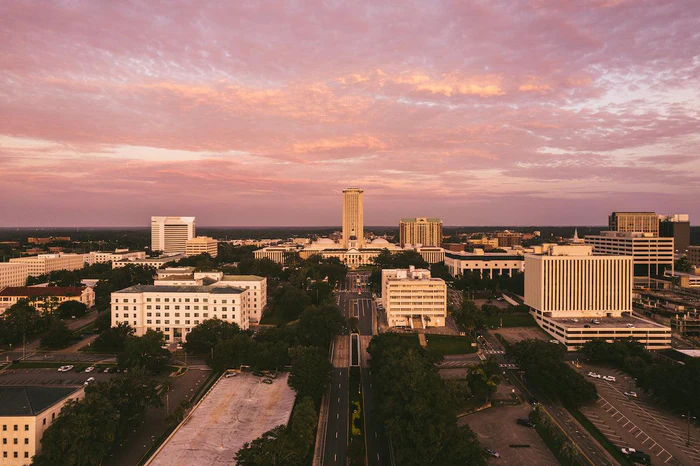 Aerial view of the Florida State Capitol in downtown Tallahassee at sunrise